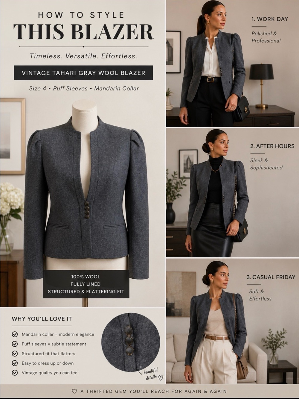Vintage Tahari Gray Blazer Wool Mandarin Collar Size 4 Puff Sleeves